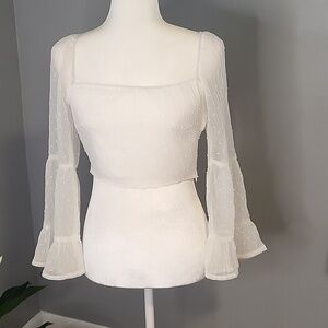 Yilibasha White Full Sheer Sleeve Side Zip Swiss Dot Boho Crop Top - Size S